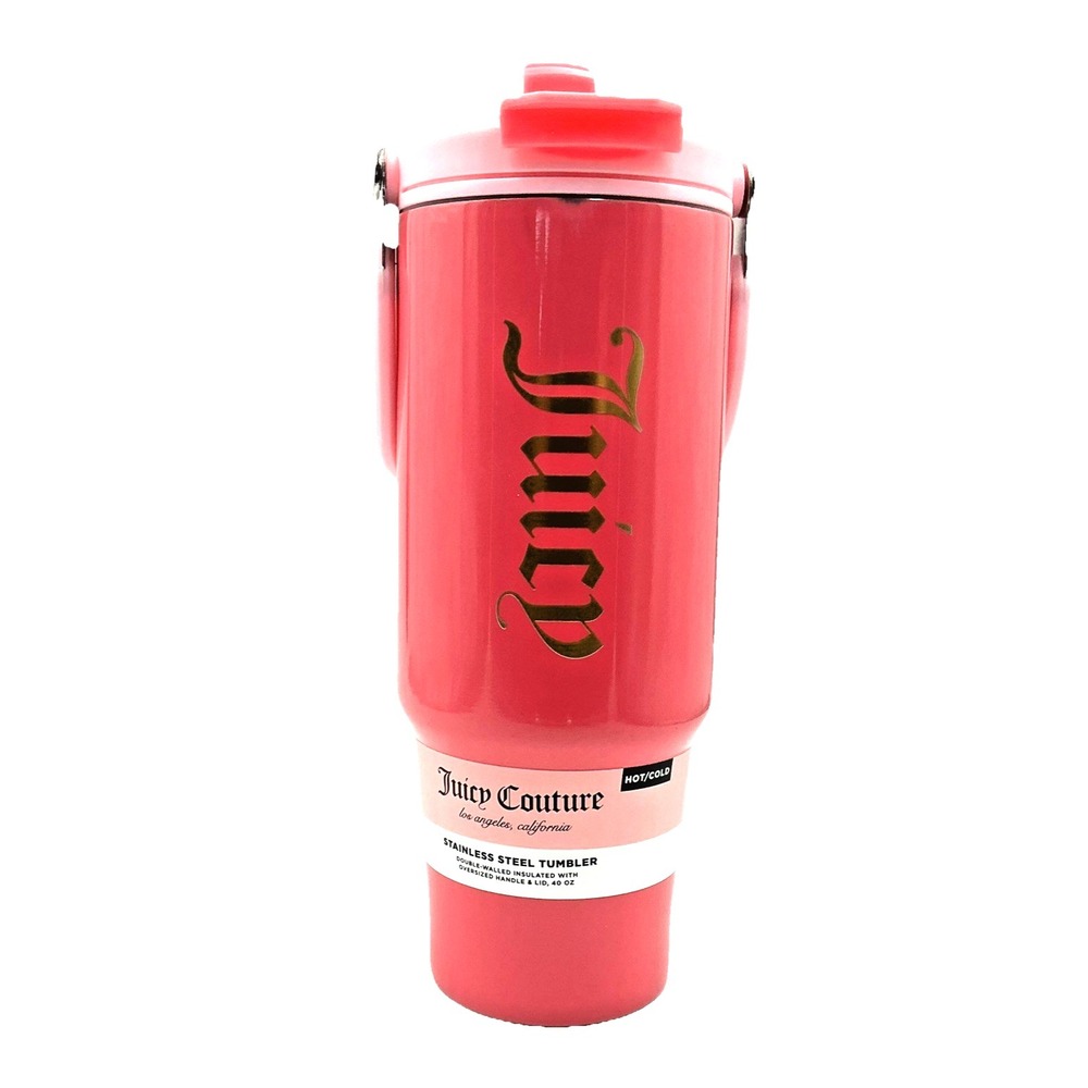 Juicy Couture Pink Insulated 40 Oz Tumbler Pop Up Straw Gothic Logo NWT